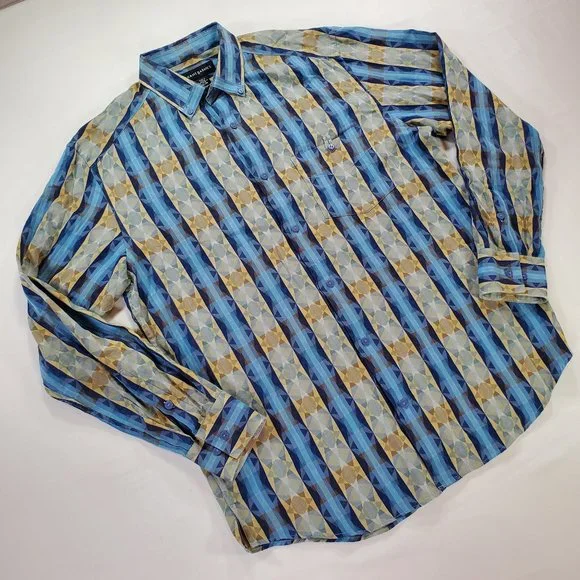 Jhane Barnes Shirt Men Medium Blue Geometric Casual Button Down Designer Vintage - Picture 5 of 16
